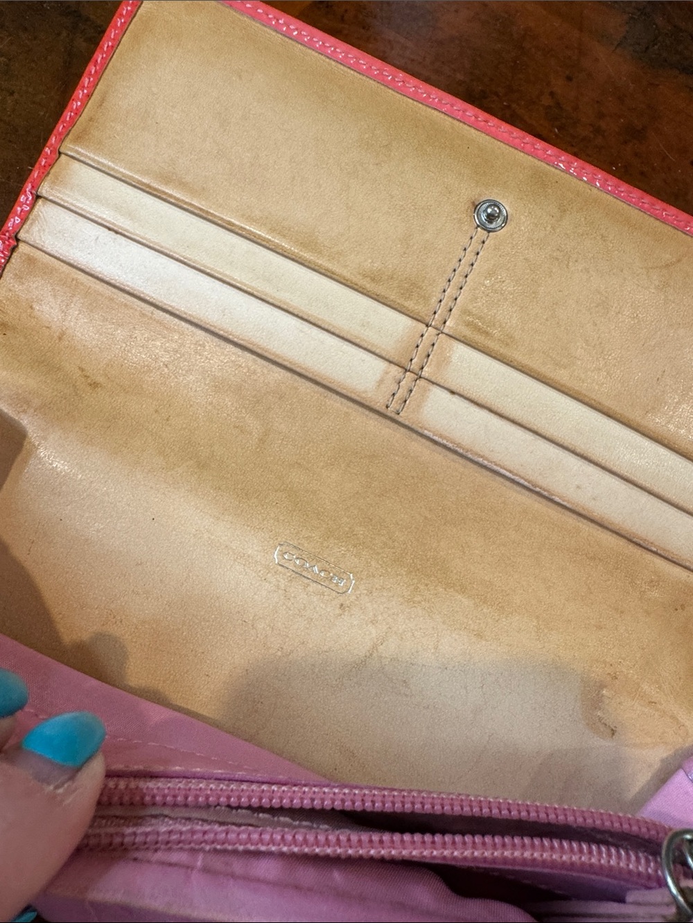 Coach Pink Signature Leather Continental Wallet with Orange Trim - Picture 11 of 14